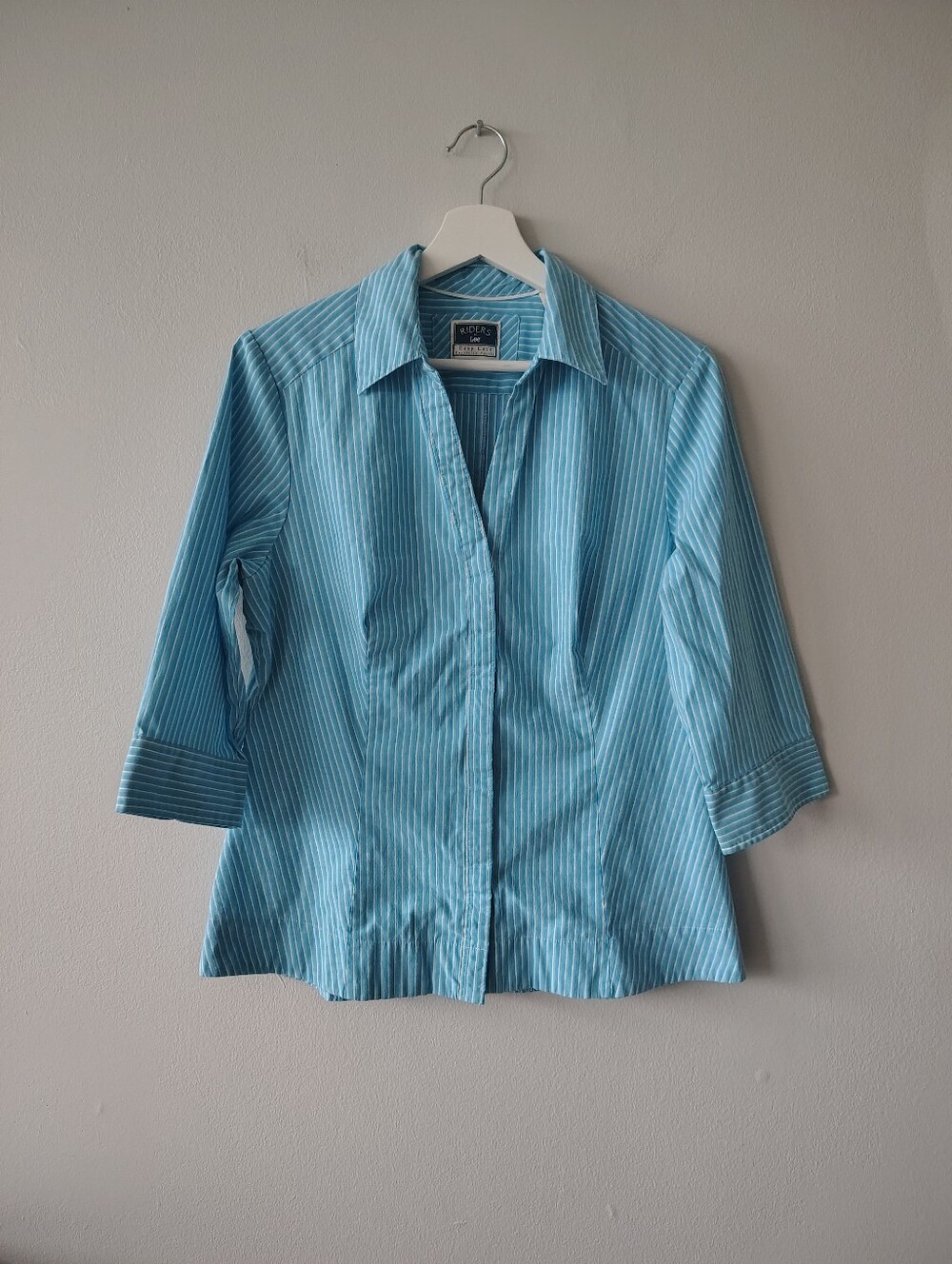 Riders By Lee Blue, Mint Green, And White Striped Button-Down Shirt